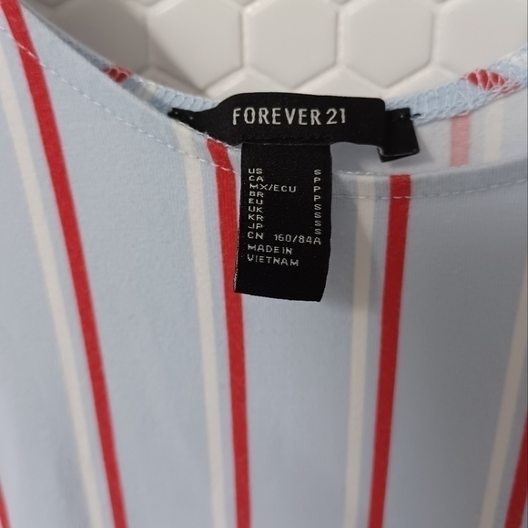 FOREVER 21 U-Neck Short Sleeve Stripe Midi Dress, Blue/Red/White - Picture 4 of 4